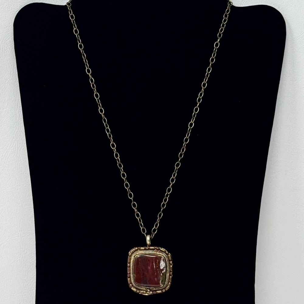 Vintage Brass Red Agate Necklace Native American India Square Southwest Boho